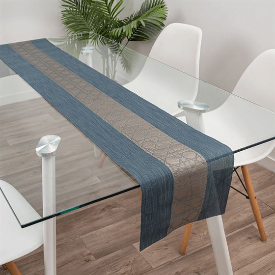 Table runner woven vinyl azure blue with bronze 180cm x 30cm