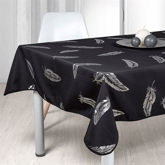Nappe de table Noël noir avec plume argentée | Franse Tafelkleden