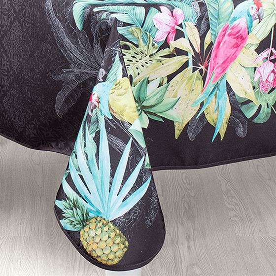Tischdecke Anti-Fleck Schwarz, tropischer Papagei | Franse Tafelkleden