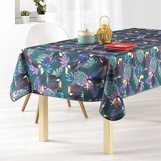Tablecloth anti-stain green with leaves and toucan | Franse Tafelkleden