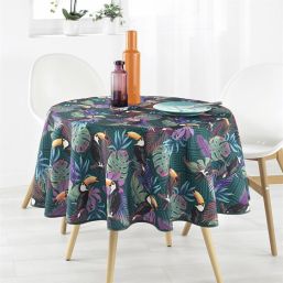 Tischdecke Anti-Fleck grün mit Blättern und Tukan | Franse Tafelkleden