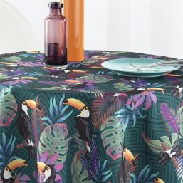 Tischdecke Anti-Fleck grün mit Blättern und Tukan | Franse Tafelkleden