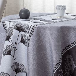 Tischdecke Anti-Fleck schwarzer, grauer Ginkgo | Franse Tafelkleden
