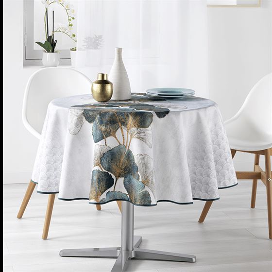 round tablecloth anti-stain ecru with Ginkgo