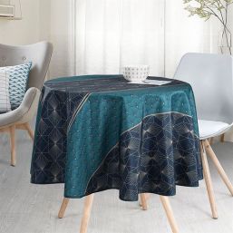 Tablecloth round anti-stain blue, green with arcs