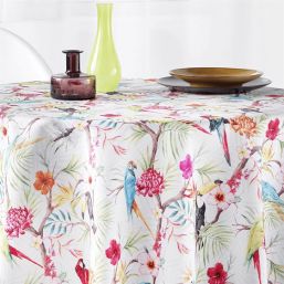 Tischdecke Anti-Fleck weiß mit Papagei und Tukan | Franse Tafelkleden
