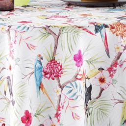 Tablecloth anti-stain white with parrot and toucan | Franse Tafelkleden