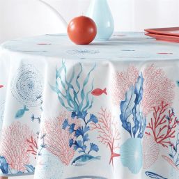 Tablecloth anti-stain light blue with sea life | Franse Tafelkleden