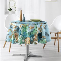 Round tablecloth anti-stain sky blue jungle, toucan