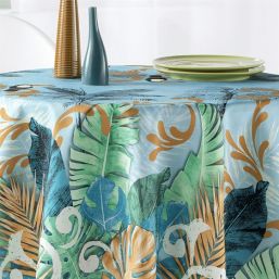 Tablecloth anti-stain sky blue jungle, toucan | Franse Tafelkleden
