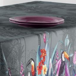 Tablecloth anti-stain anthracite jungle, toucan | Franse Tafelkleden