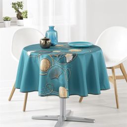Tablecloth anti-stain turquoise green with Ginkgo round