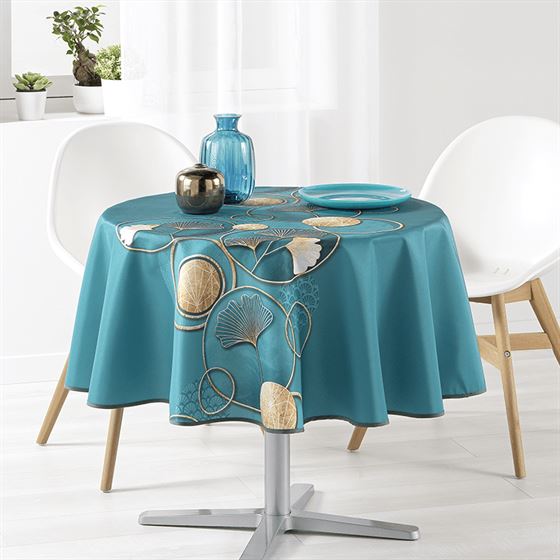 Tablecloth anti-stain turquoise green with Ginkgo | Franse Tafelkleden