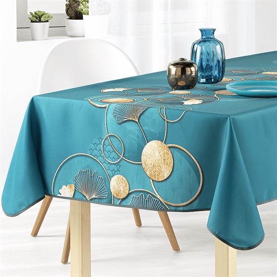 Tablecloth anti-stain turquoise green with Ginkgo