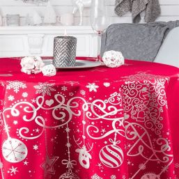 Tablecloth anti-stain red with silver Christmas print | Franse Tafelkleden