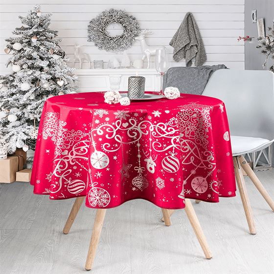 Nappe de table anti tache rouge avec imprimé de Noël argenté ronde