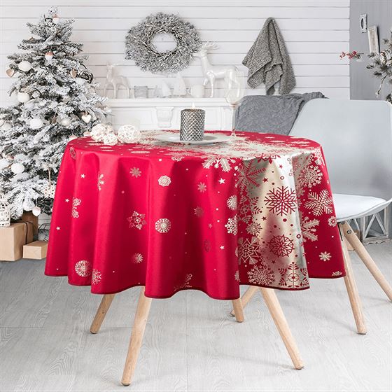 Anti-stain red Christmas tablecloth with silver snowflakeround