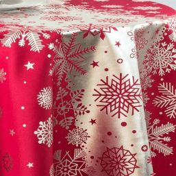 Tischdecke rote Weihnachtstischdecke mit silberner Schneeflocke | Franse Tafelkleden