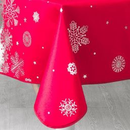 Tischdecke rote Weihnachtstischdecke mit silberner Schneeflocke | Franse Tafelkleden