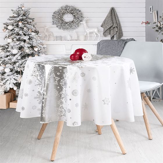Tablecloth anti-stain white christmas with silver snowflake round