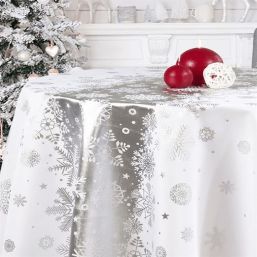 Tischdecke weiße Weihnachten mit silberner Schneeflocke | Franse Tafelkleden