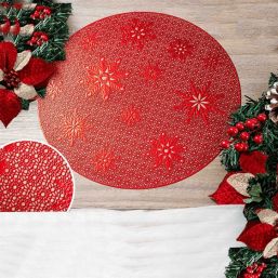 Placemat anti-stain vinyl round red with stars