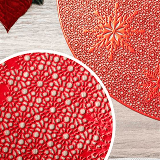 Placemat anti-stain vinyl round red with stars | Franse Tafelkleden