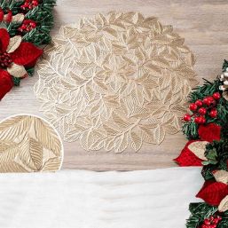 Placemat anti-stain vinyl round gold holly
