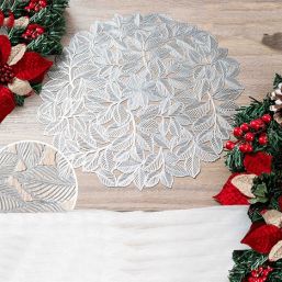 Placemat anti-stain vinyl round silver holly