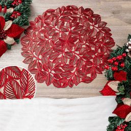 Placemat anti-stain vinyl round red holly
