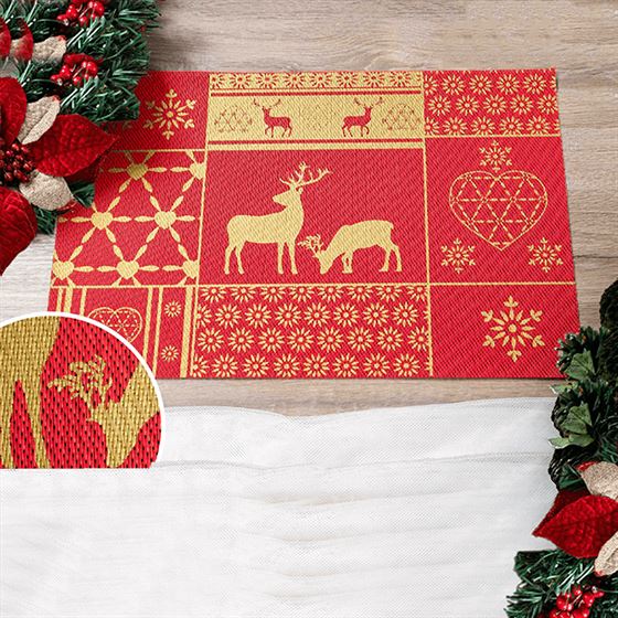 Placemat anti-stain vinyl red christmas with golden reindeer