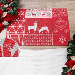Placemat vinyl red christmas with silver reindeer