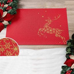 Tischset Vinyl Weihnachten, rot mit goldenem Rentier | Franse Tafelkleden