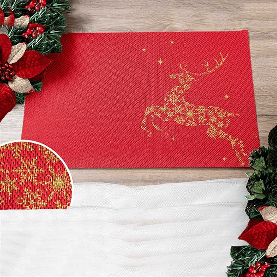 Placemat vinyl kerst, rood met gouden rendier