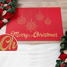 Tischset Vinyl Rot mit Gold Merry Christmas