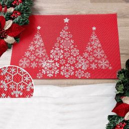 Tischset Vinyl rot mit silbernem Weihnachtsbaum | Franse Tafelkleden