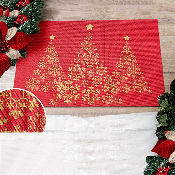 Placemat anti-vlek vinyl rood met gouden kerstboom