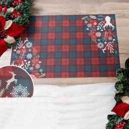 Placemat anti-stain vinyl checkered with reindeer
