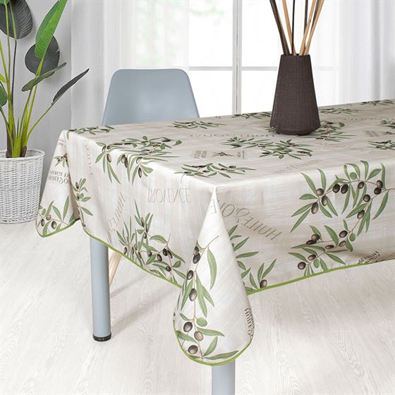 Tablecloth anti-stain Ecru rectangle with olives and leaves