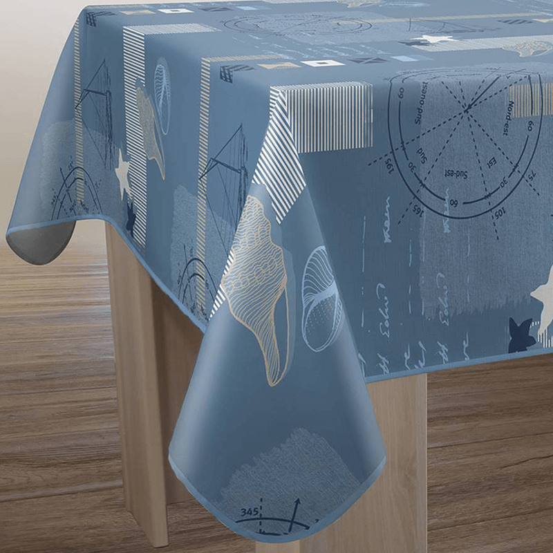 Rectangle blue tablecloth with beach, shells, and compass