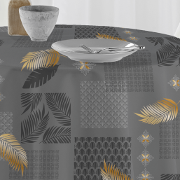 Graue und Ockerfarbene Polyester-Tischdecke | Franse Tafelkleden