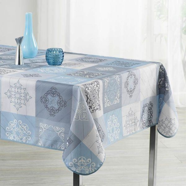 Tablecloth sky blue with ornaments 240 X 148 French tablecloths. Camping and terrace, inside and out