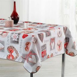 Tablecloth beige with hearts squares and love 350 X 148 French tablecloths