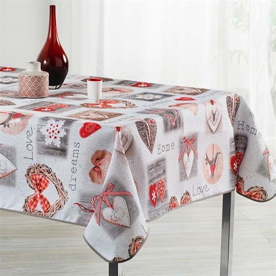 Tischdecke beige mit Herzen Quadrate und Liebe 350 X 148 französische Tischdecken