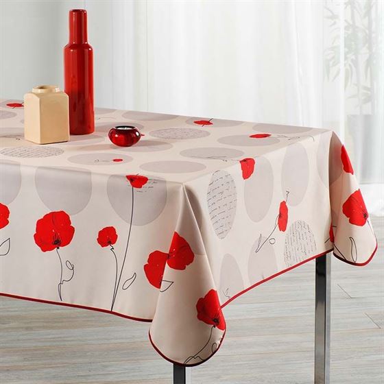 Schöne Tischtuchbeige mit roter Mohnblume. 300 x 148 cm. Camping und terrasse, innen und aussen.