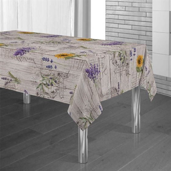 Tafelkleed houtprint met lavendel en zonnebloem 300 X 148 Franse Tafelkleden