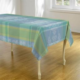 Tablecloth light blue with white leaves 300 X 148 French tablecloths